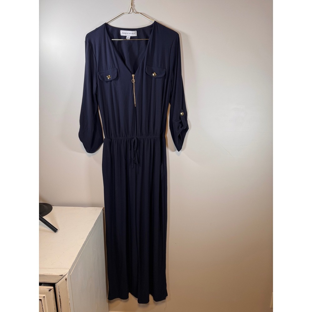 Emma & Michele Navy Blue Zip Front Wide Leg Jumpsuit Petite Large PL 58950